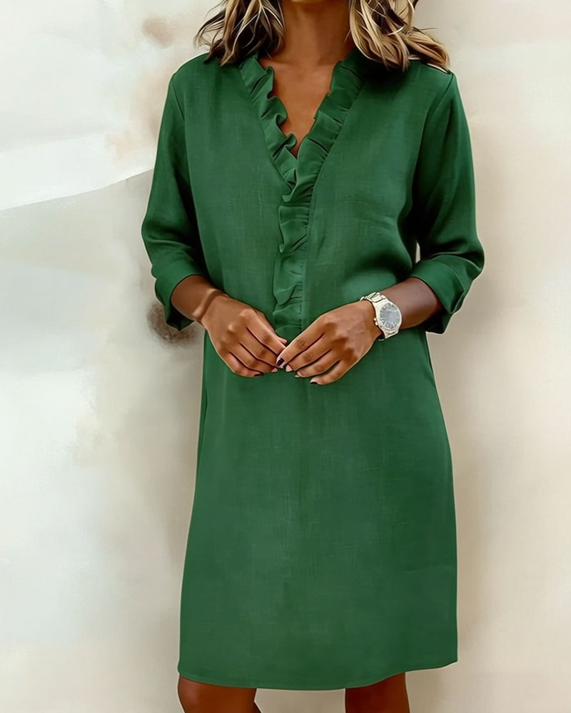 Damen Baumwoll-Leinen Kleid V-Ausschnitt Volants - Image 17