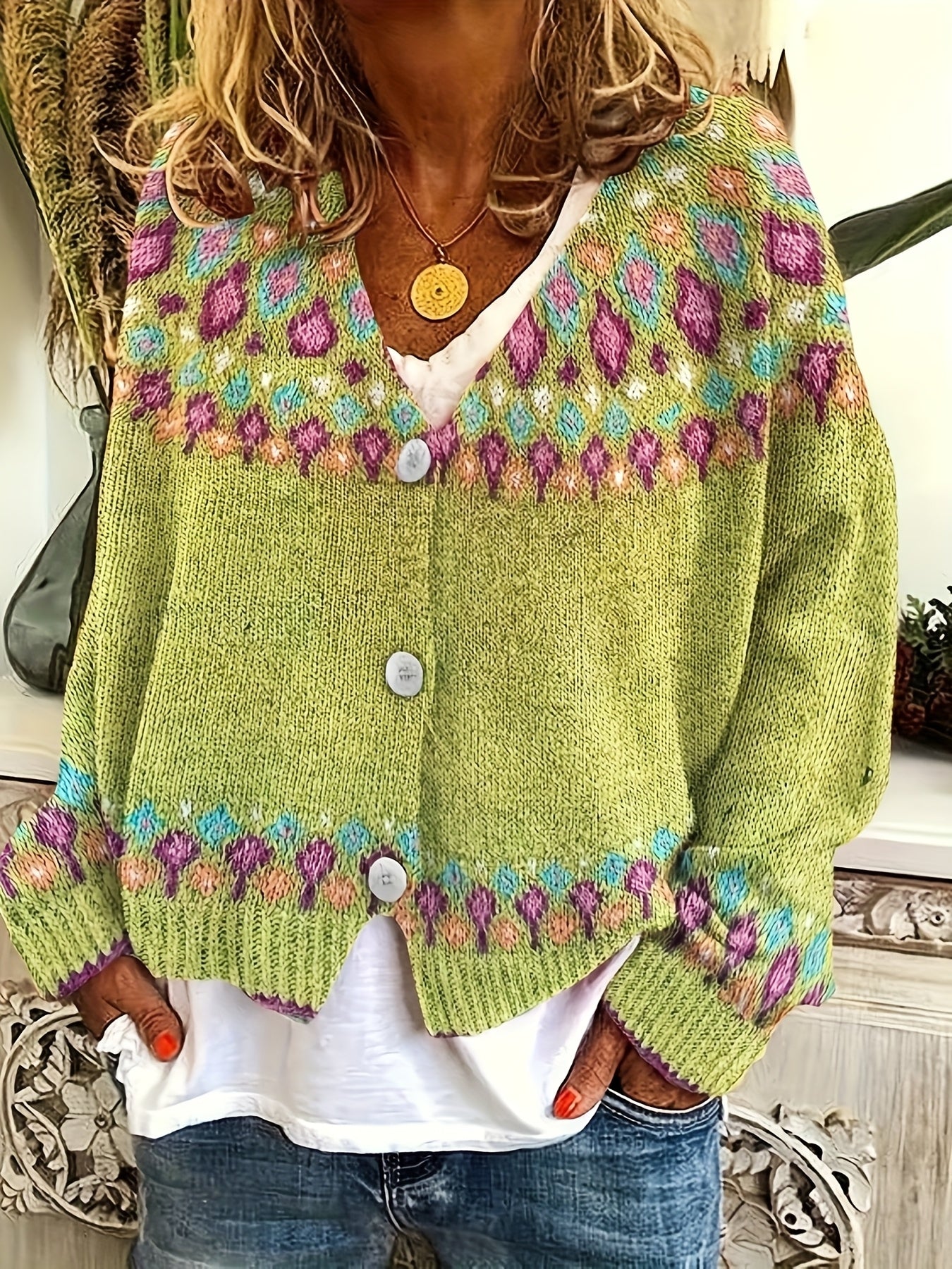 Damen Boho Strickjacke Bestickter Cardigan V-Ausschnitt - Image 2