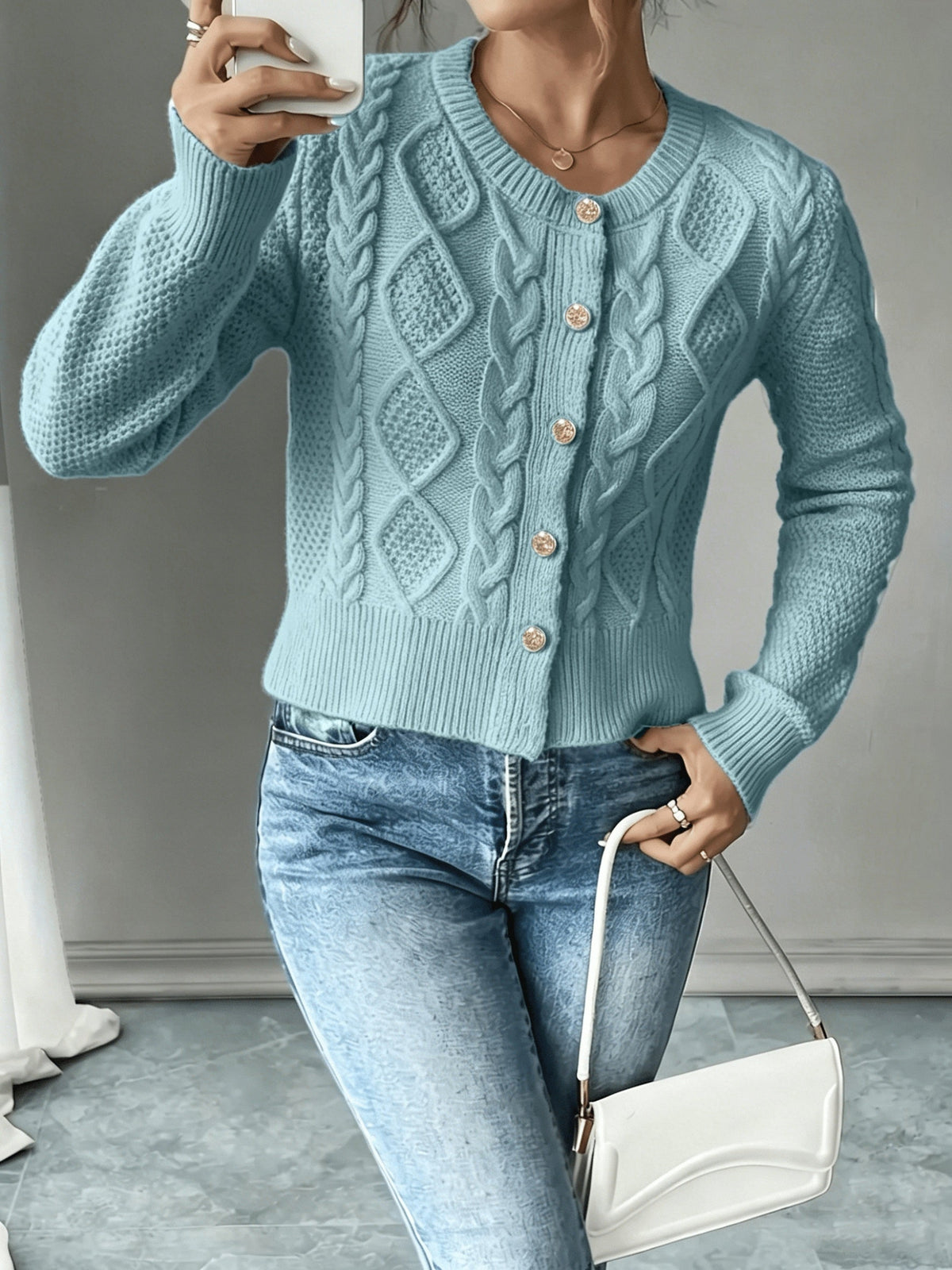 Damen Kabelstrick Strickjacke Knöpfe - Image 17
