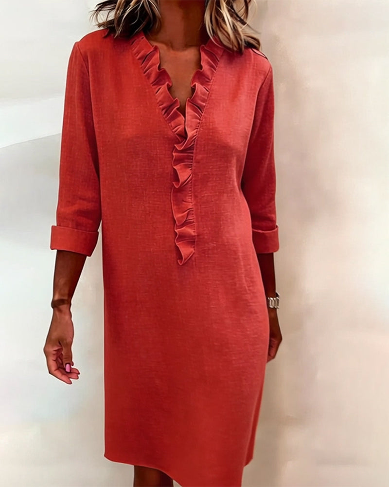 Damen Baumwoll-Leinen Kleid V-Ausschnitt Volants - Image 13