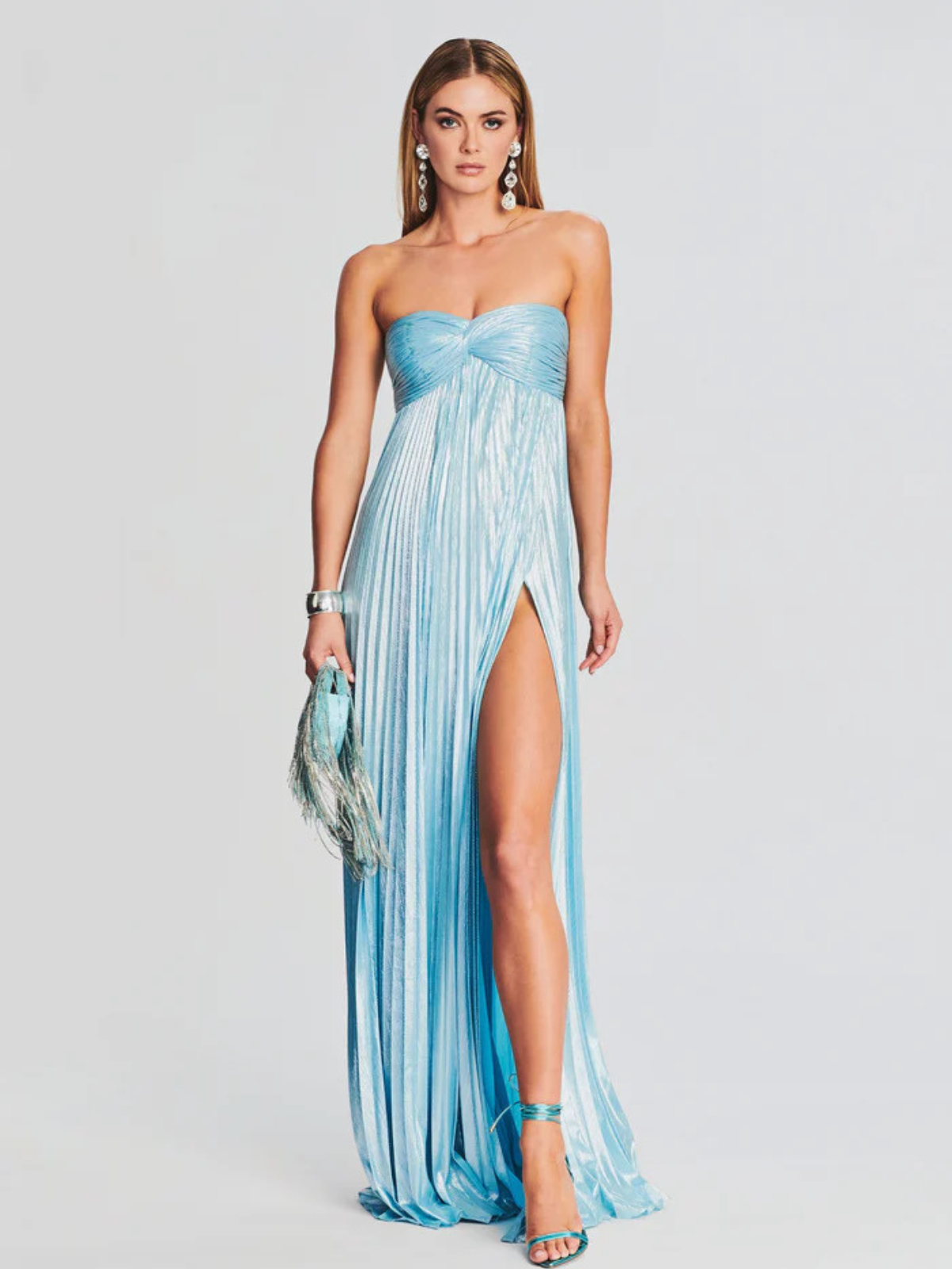 Damen Abendkleid lang Plissee Metallisch Bustier Schlitz - Image 18