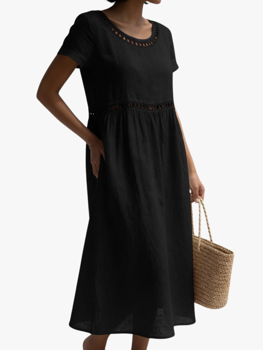 Damen Baumwoll Midikleid bestickt Kurzarm