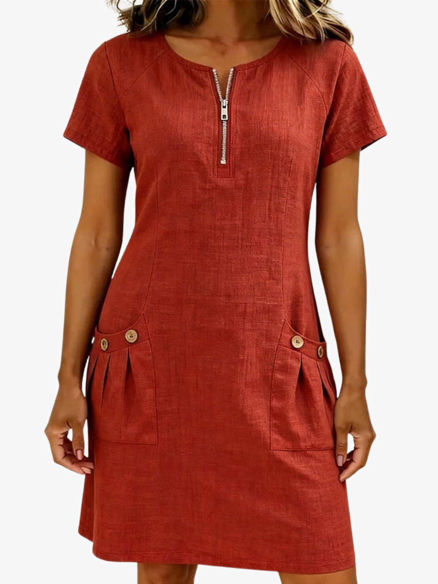 Damen Leinenkleid A-Linie Sommerkleid Leinen-Mix mit Taschen