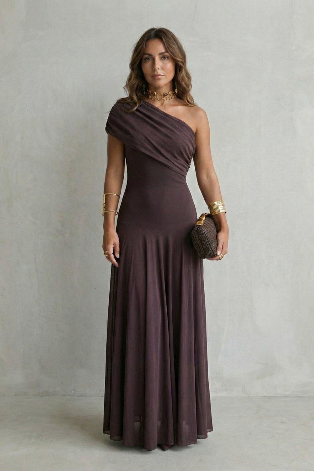 Damen Ein-Schulter Maxikleid Drapierter Ausschnitt - Image 2