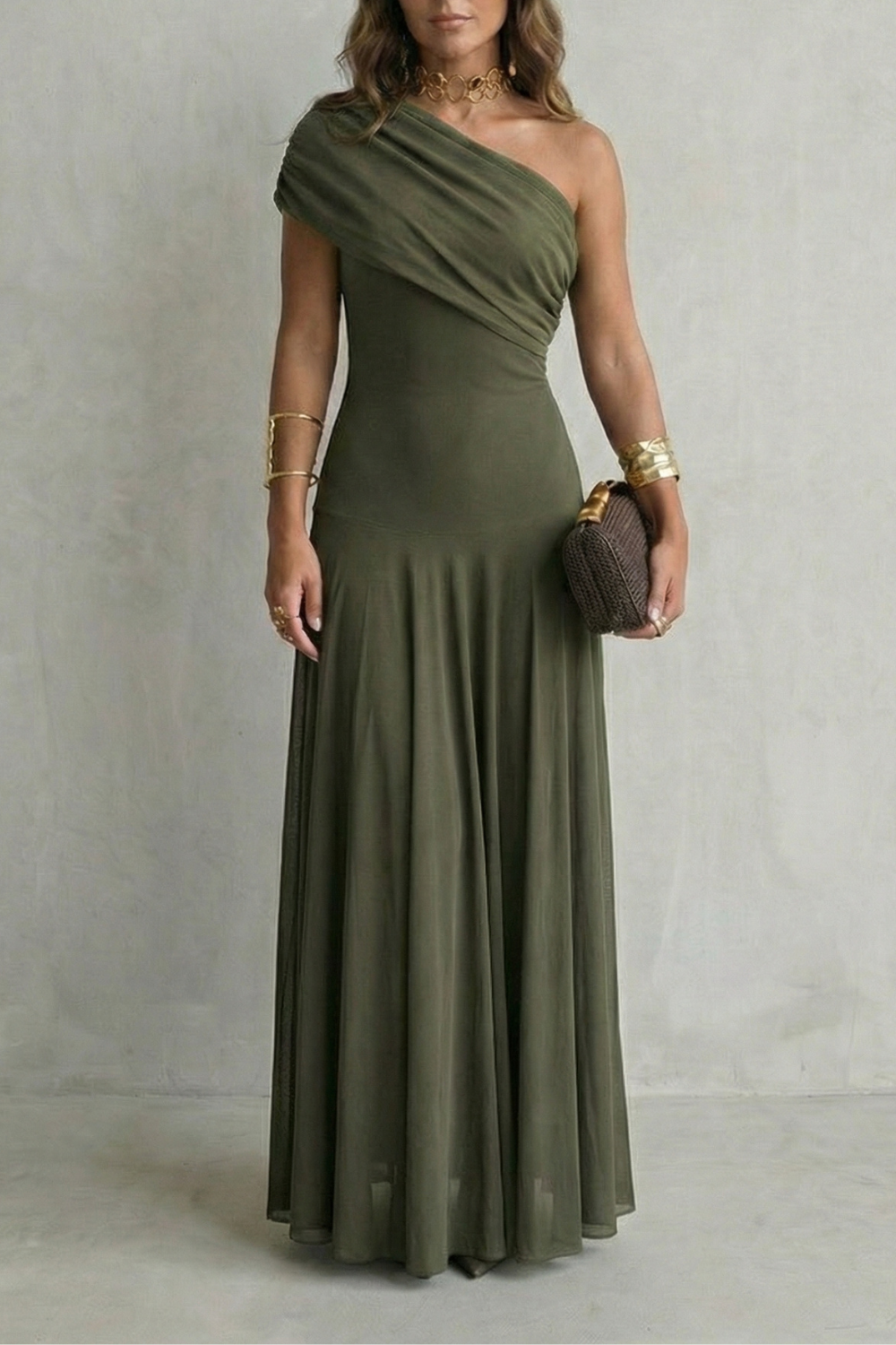 Damen Ein-Schulter Maxikleid Drapierter Ausschnitt - Image 9
