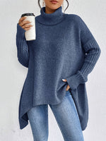 Pull-over femme à col montant et manches côtelées