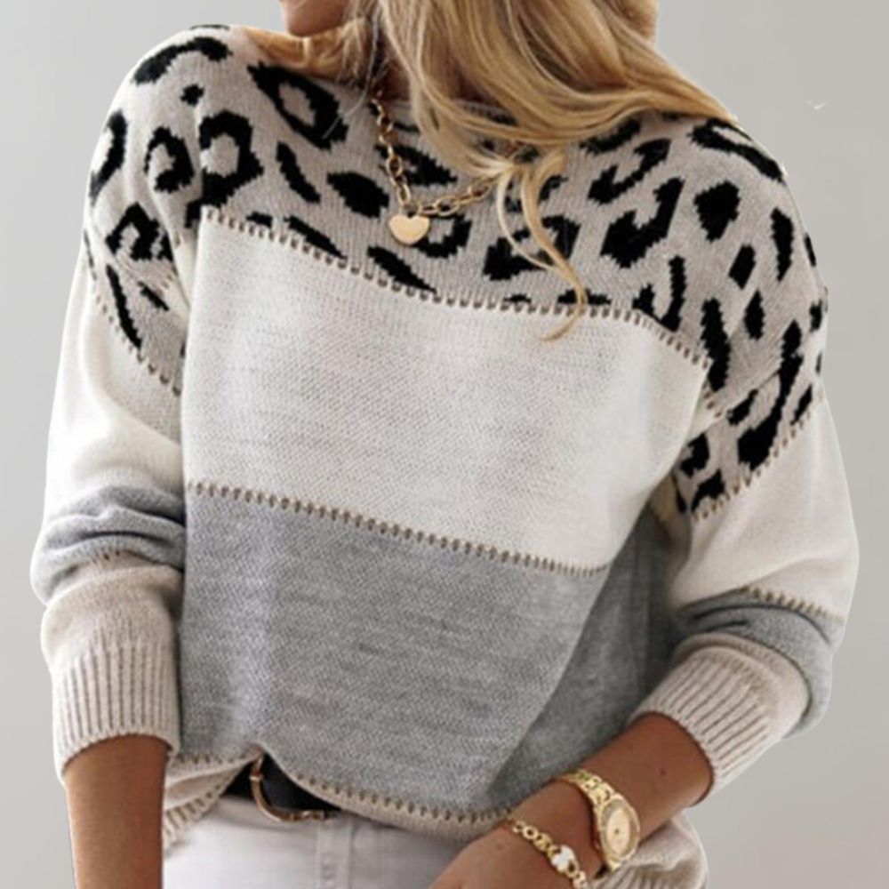 Damen Strickpullover Leopardenmuster Colorblock Rundhals - Image 3