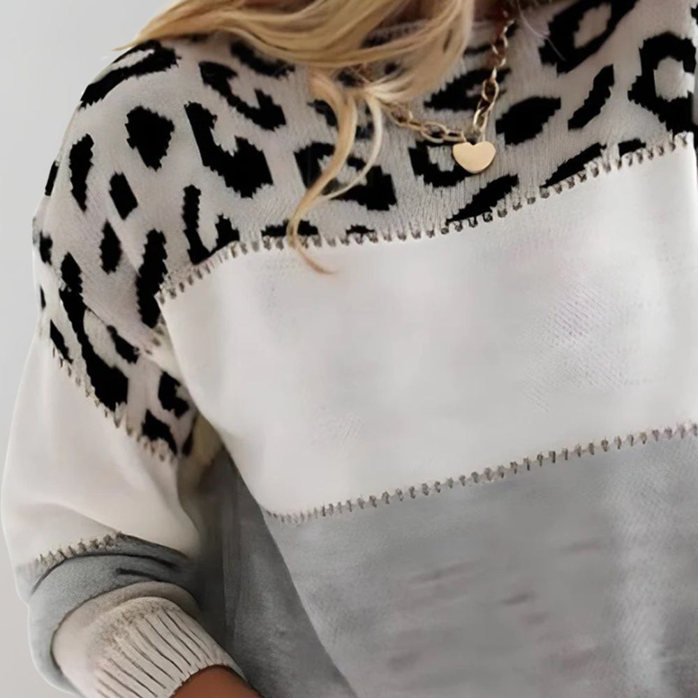 Damen Strickpullover Leopardenmuster Colorblock Rundhals - Image 2