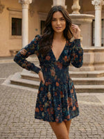Velmoria – Vestido mini de veludo para senhora com estampado floral e decote em V