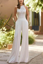 Women Halter Bridal Jumpsuit Floor Length Wedding Wide Leg