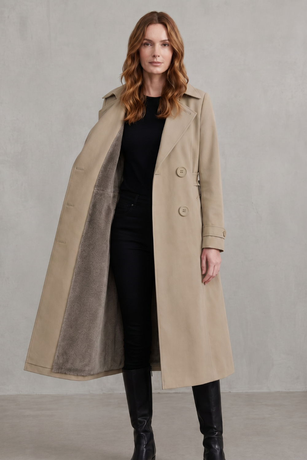 Damen gefütterter Trenchcoat doppelreihiger Kunstfell Wintermantel - Image 10