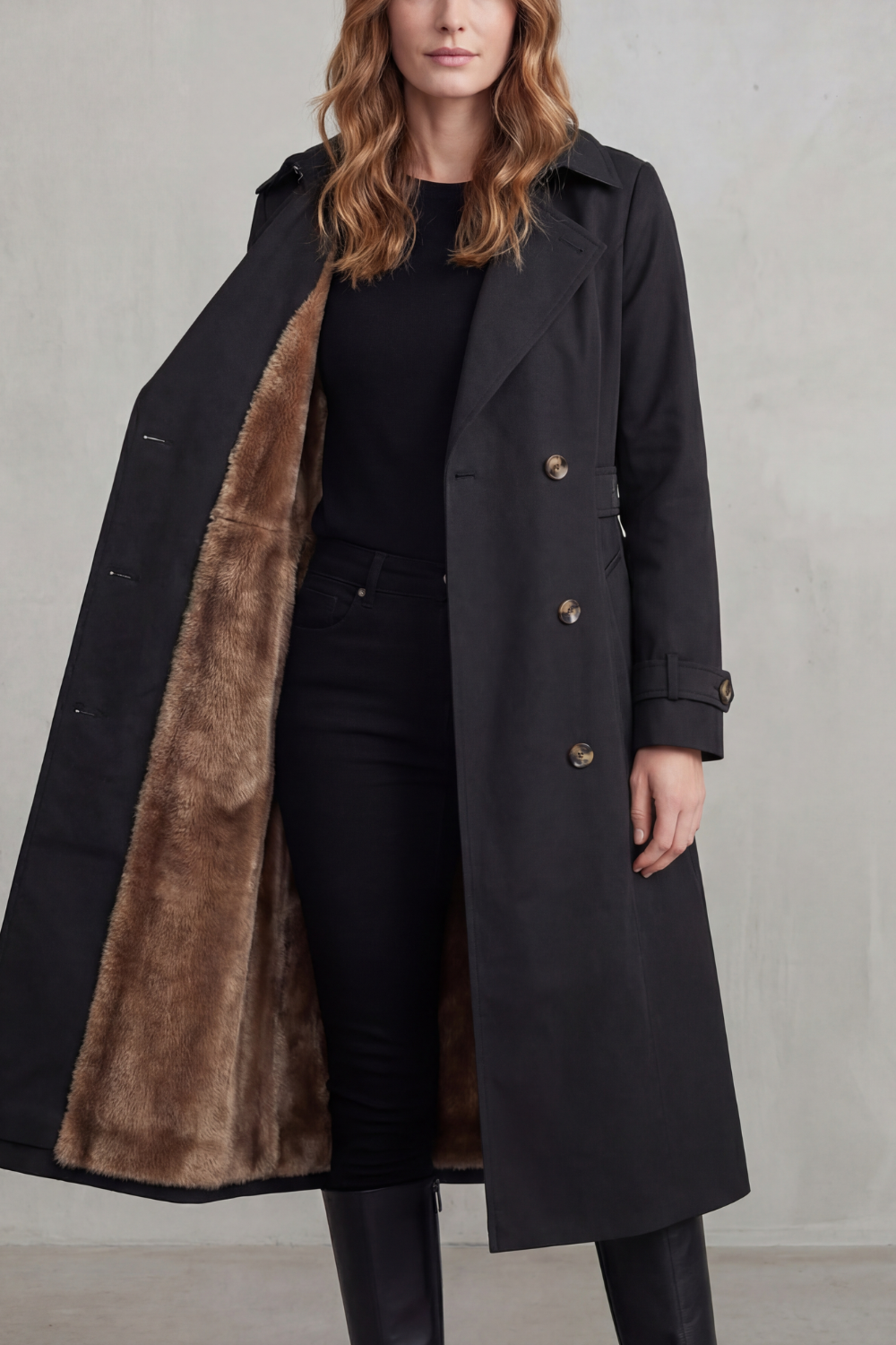 Damen gefütterter Trenchcoat doppelreihiger Kunstfell Wintermantel - Image 7