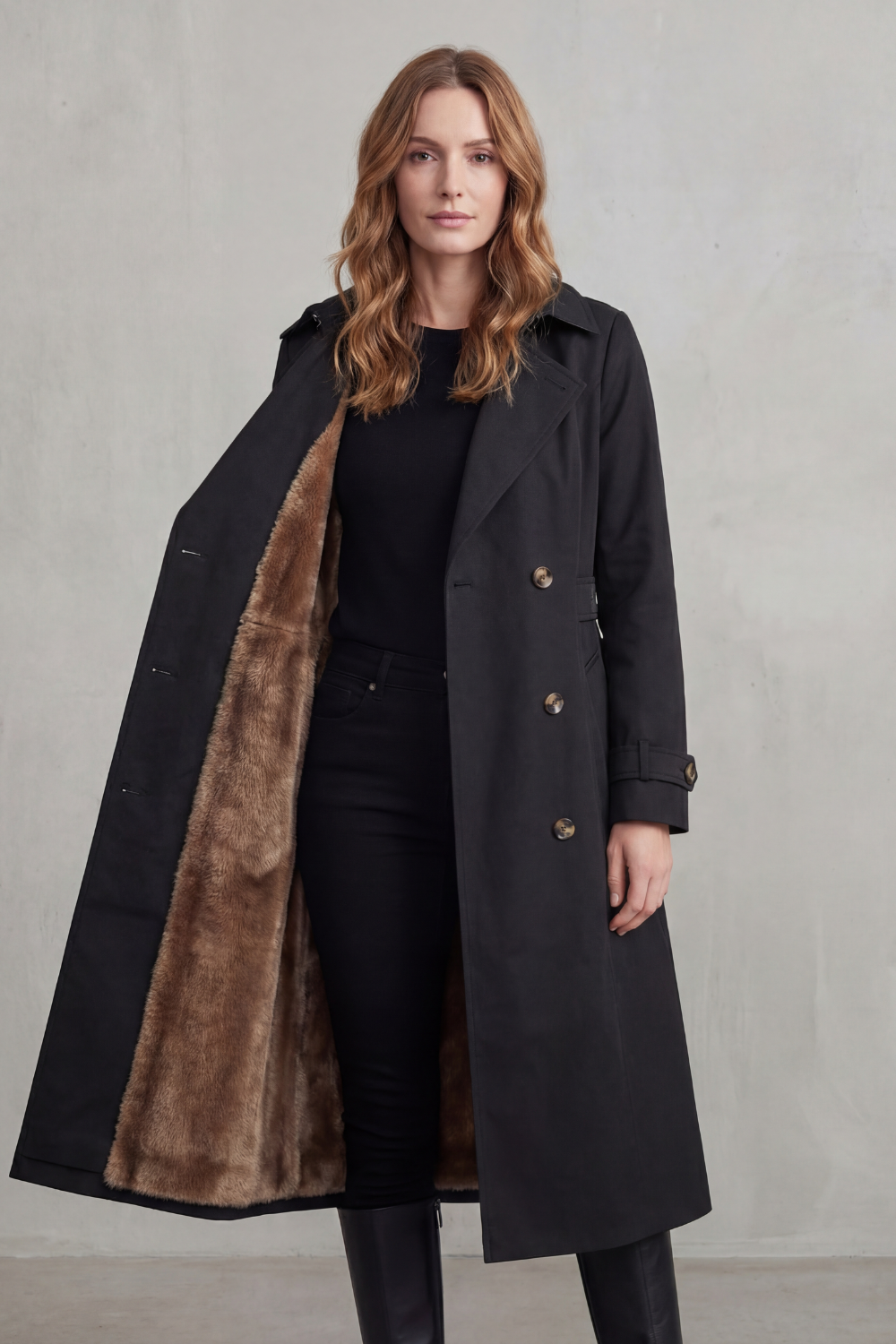 Damen gefütterter Trenchcoat doppelreihiger Kunstfell Wintermantel - Image 8