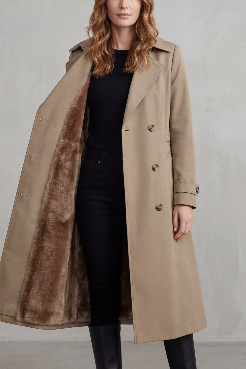 Damen gefütterter Trenchcoat doppelreihiger Kunstfell Wintermantel