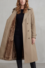 Dameforet trenchcoat, dobbeltradet vinterfrakke i kunstpels