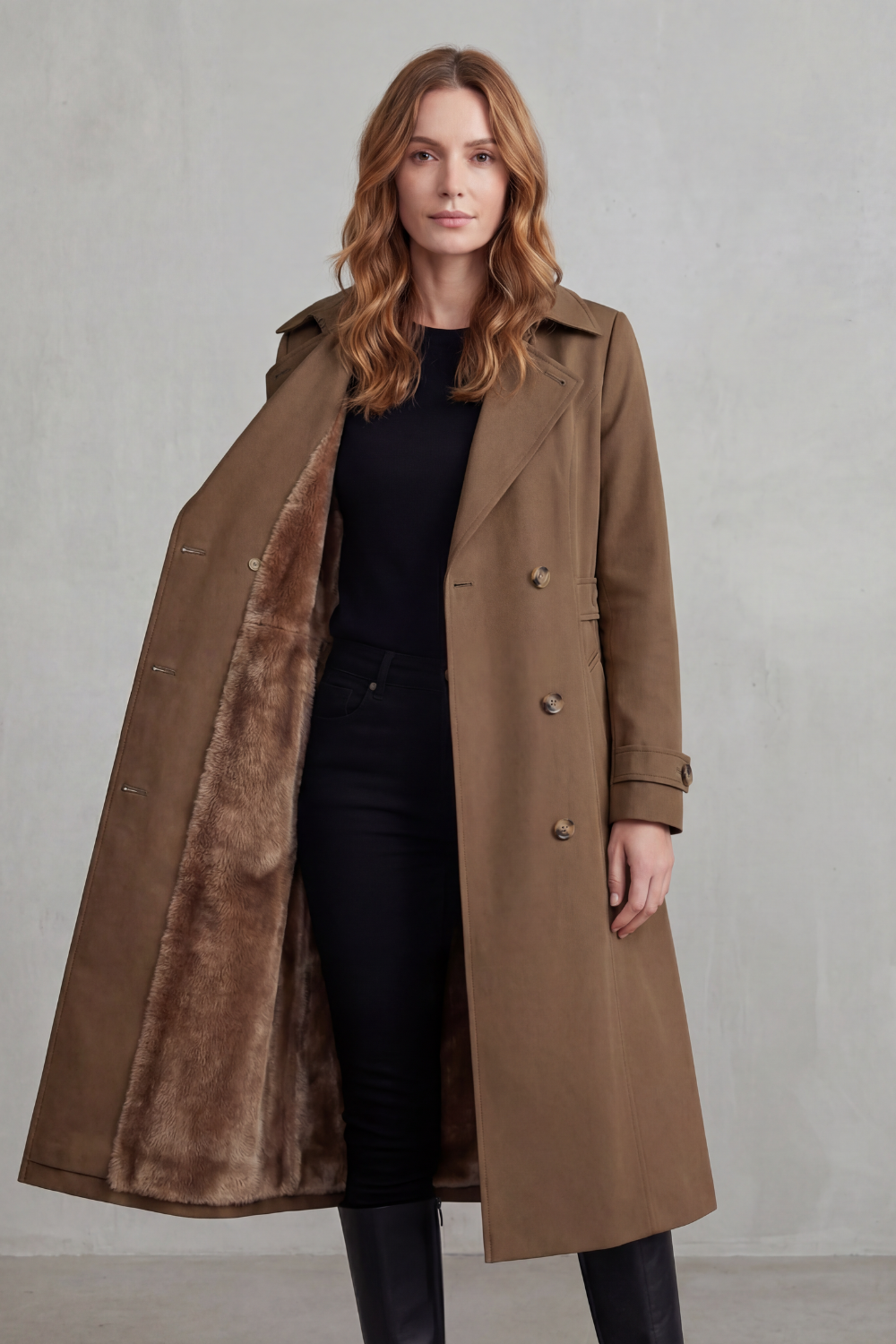 Damen gefütterter Trenchcoat doppelreihiger Kunstfell Wintermantel - Image 6