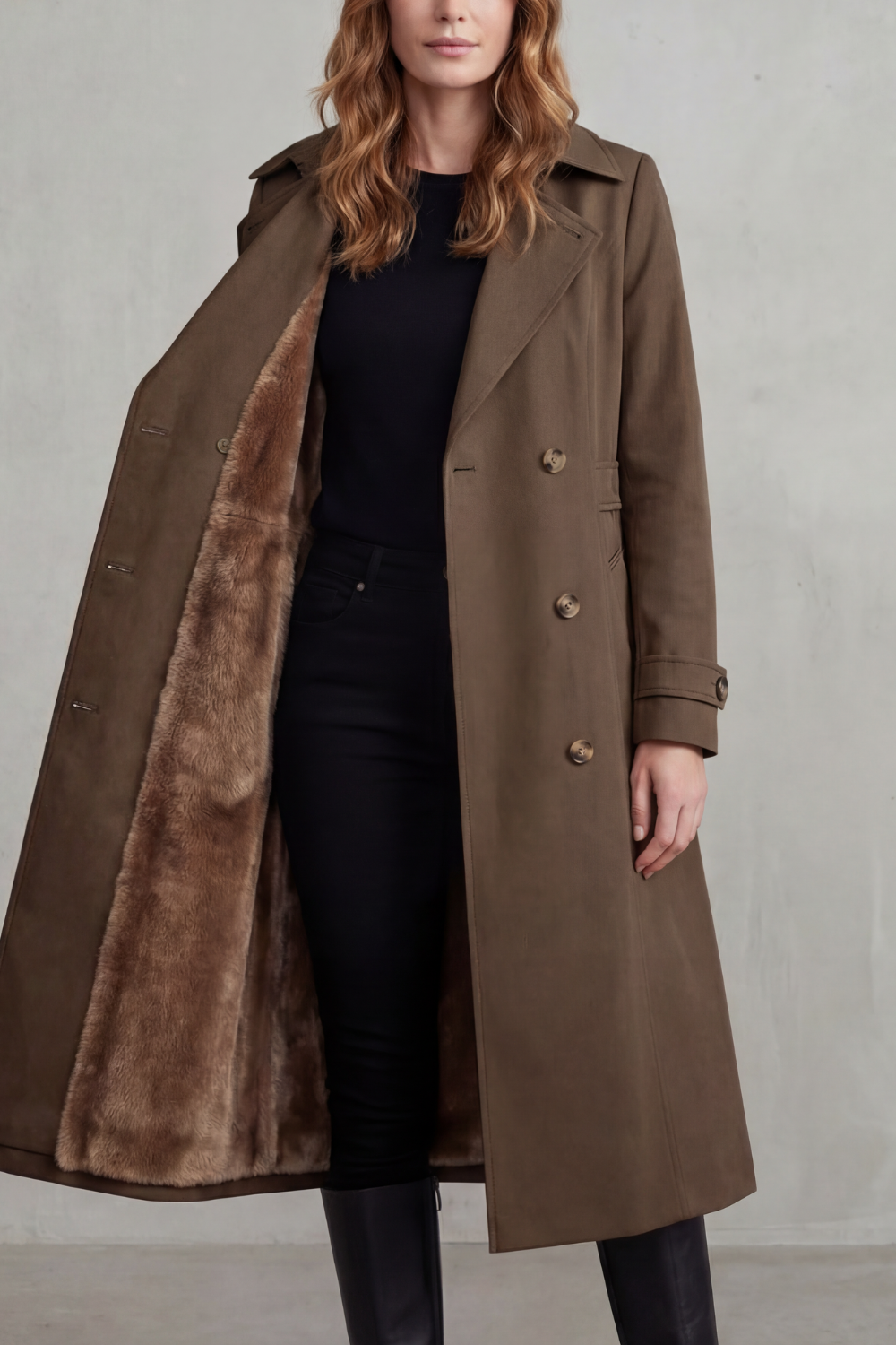 Damen gefütterter Trenchcoat doppelreihiger Kunstfell Wintermantel - Image 11