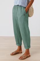 Damen Weite Leinenhose Verkürzt Gummibund - Image 4