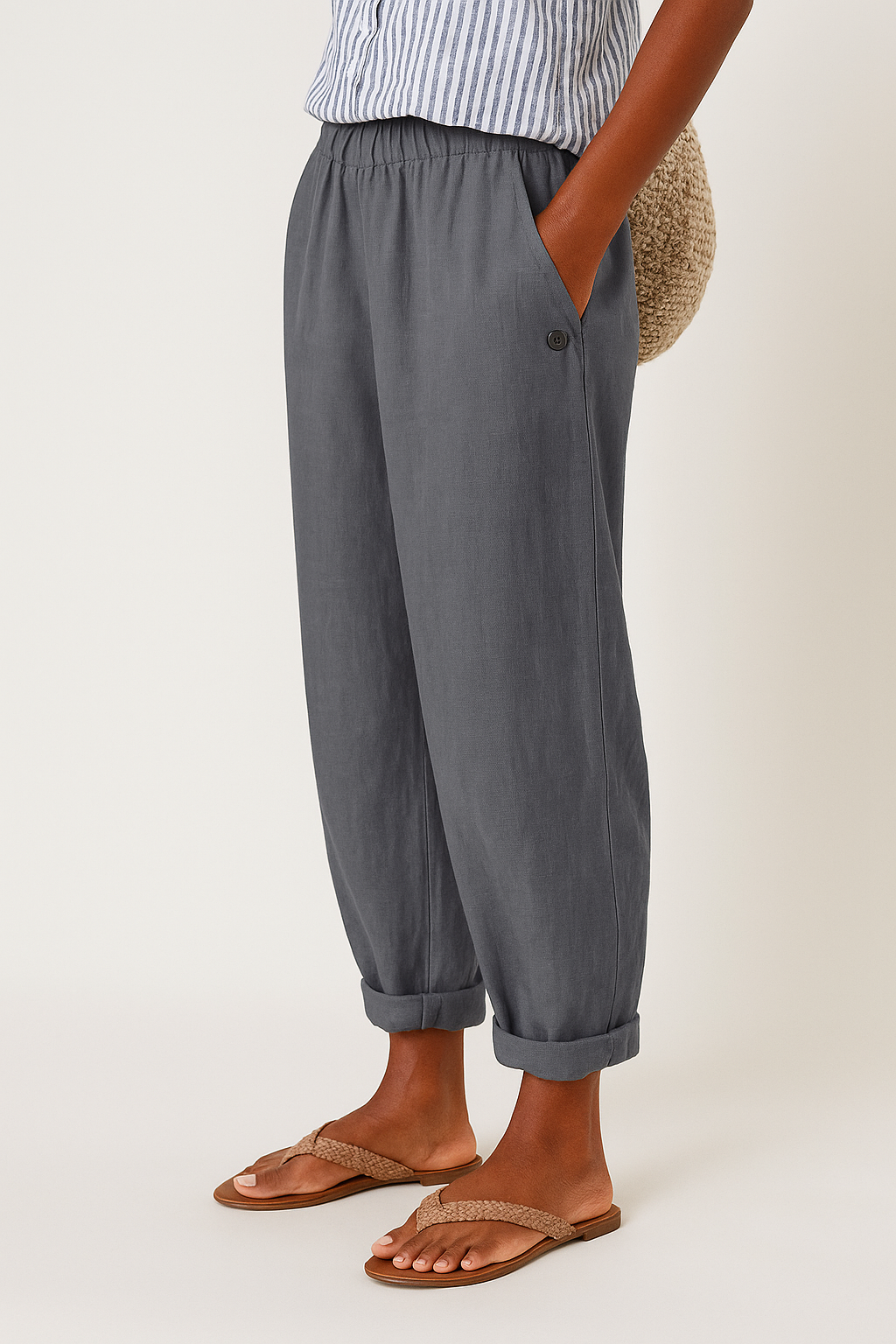 Damen Weite Leinenhose Verkürzt Gummibund - Image 5