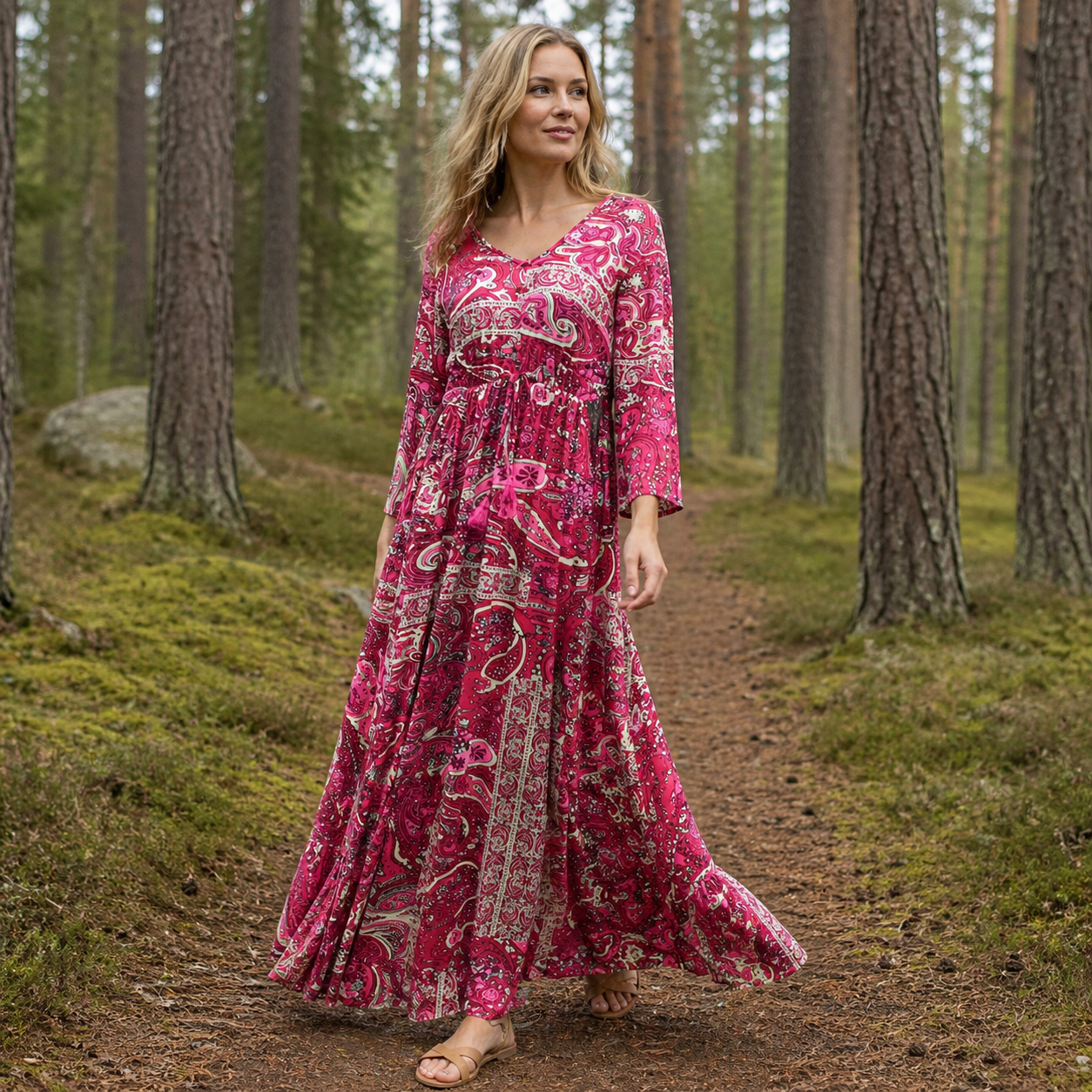 Damen Viskose Boho Maxikleid Lang