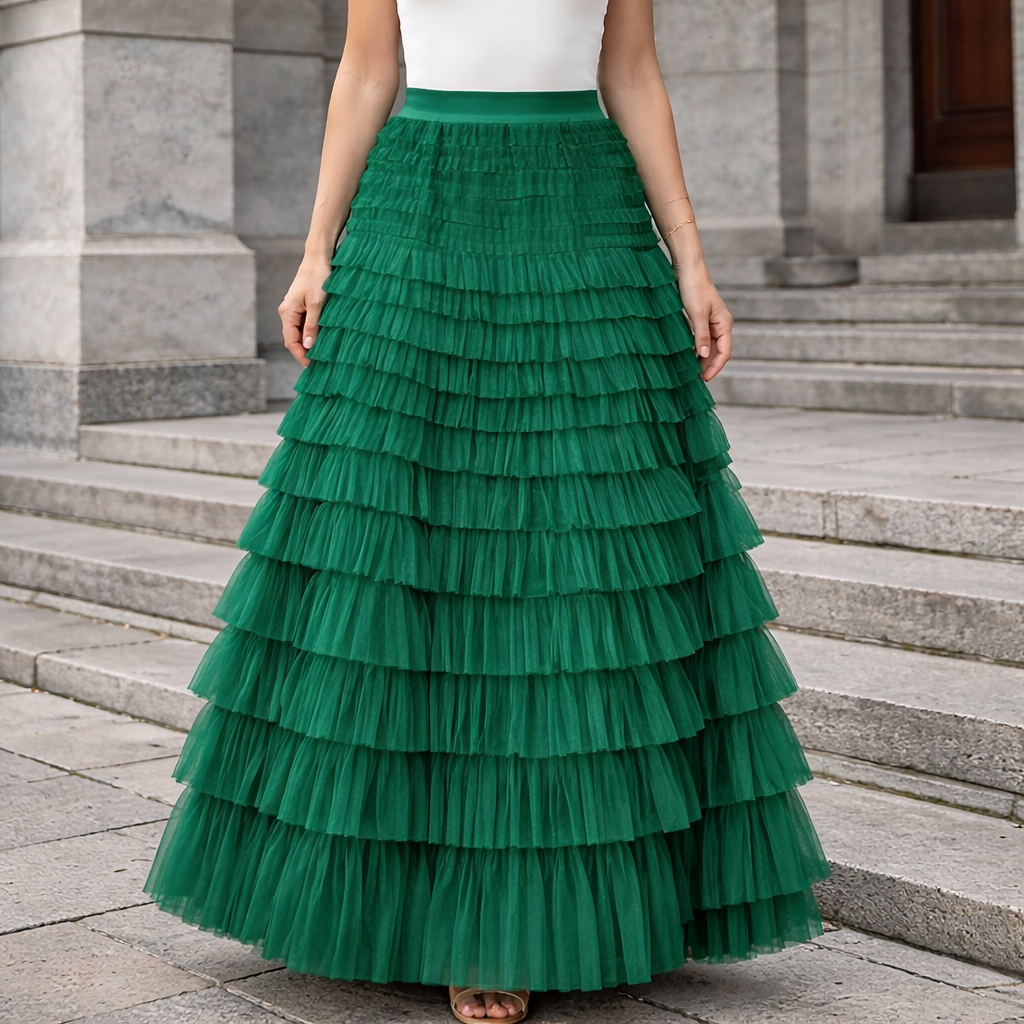 Damen Tüll Maxirock Volants Lagenlook