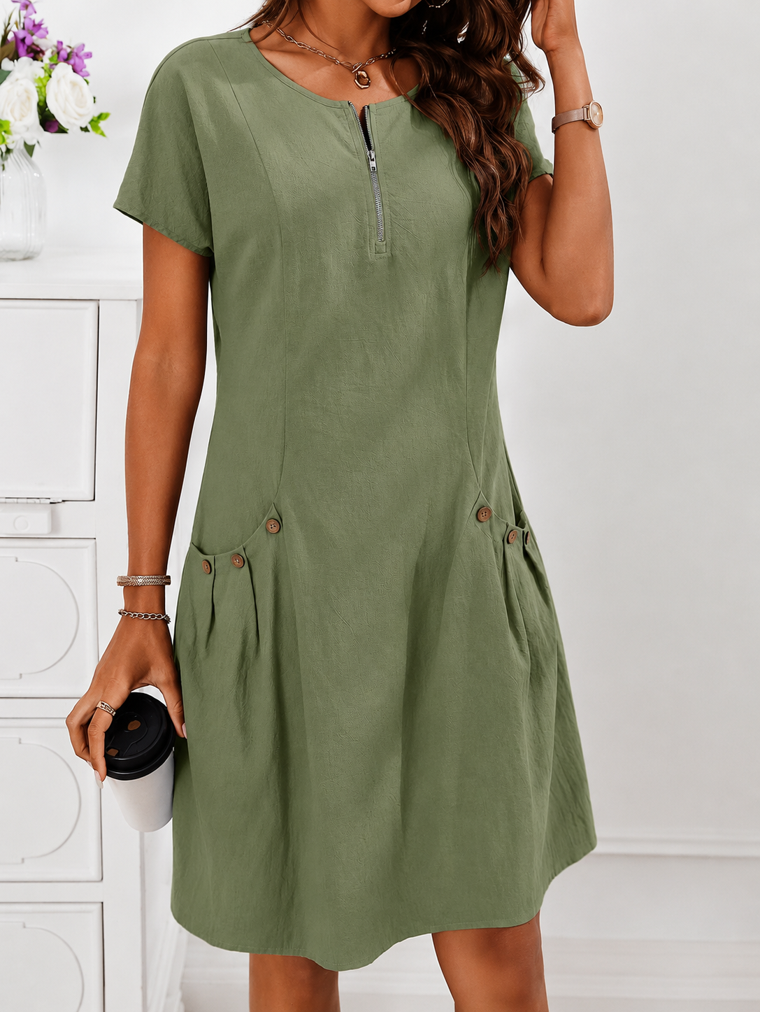 Damen Leinenkleid A-Linie Sommerkleid Leinen-Mix mit Taschen - Image 7