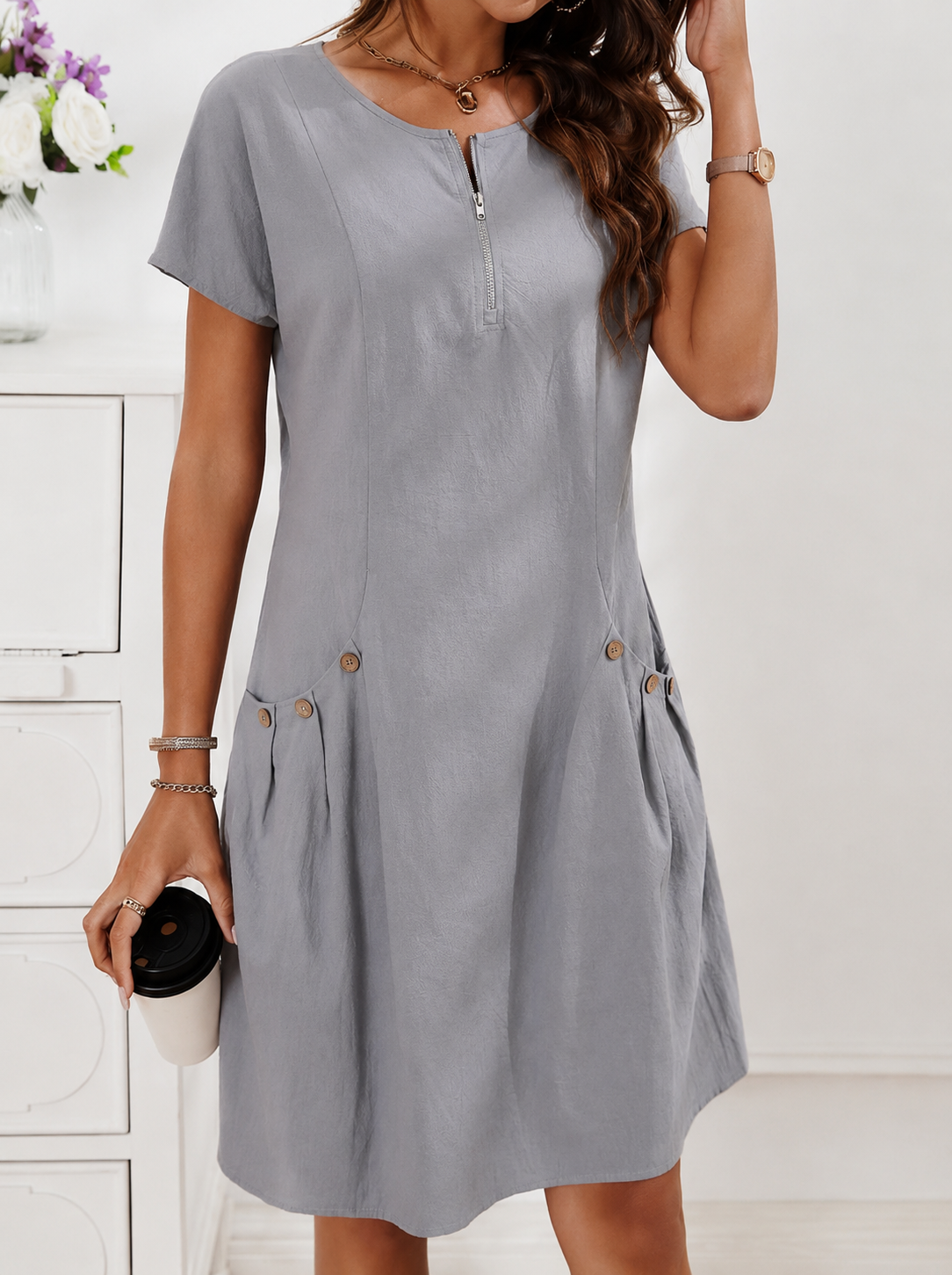 Damen Leinenkleid A-Linie Sommerkleid Leinen-Mix mit Taschen - Image 10