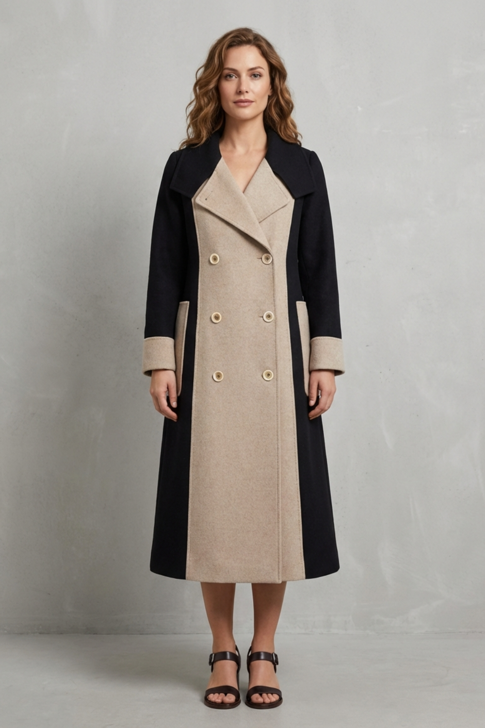 Damen Wollmantel Elegant Lang Zweireiher Kontrastfarben - Image 2