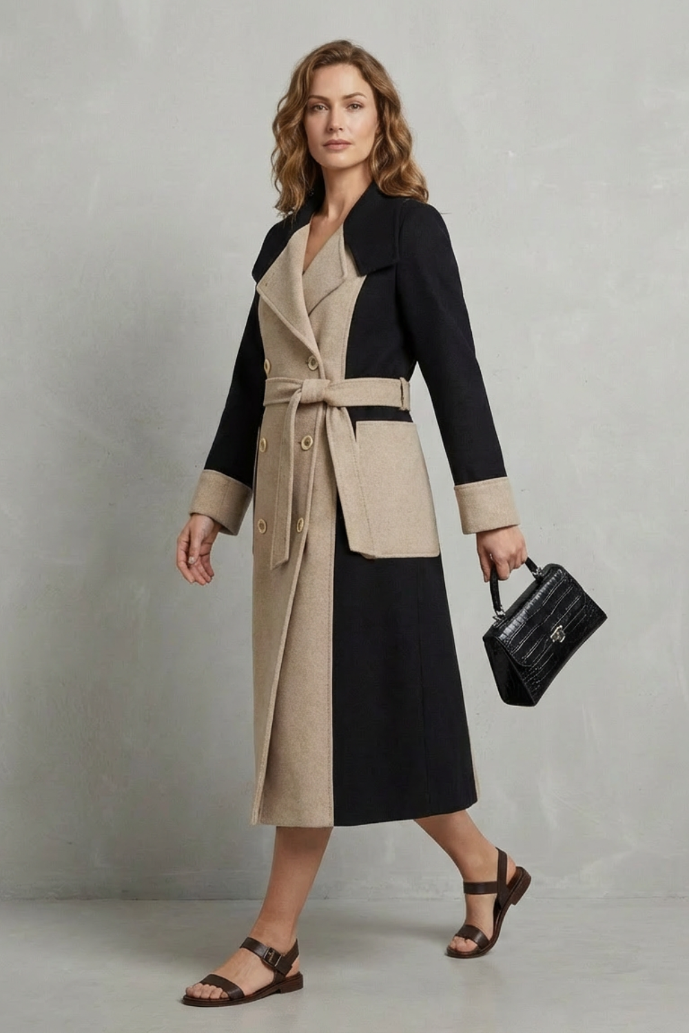 Damen Wollmantel Elegant Lang Zweireiher Kontrastfarben - Image 3