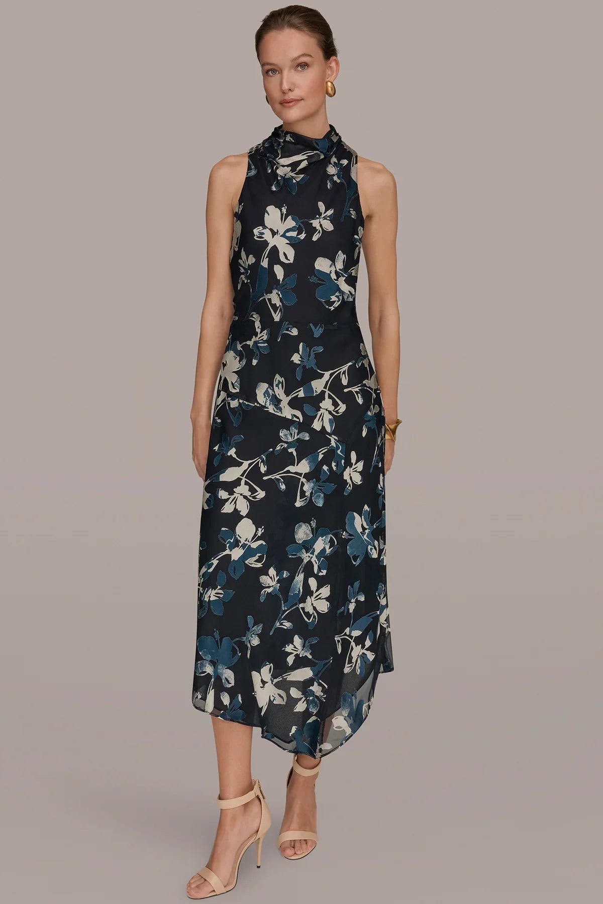 Women Floral Burnout Mock Neck Asymmetric Hem Midi Dress - Image 12