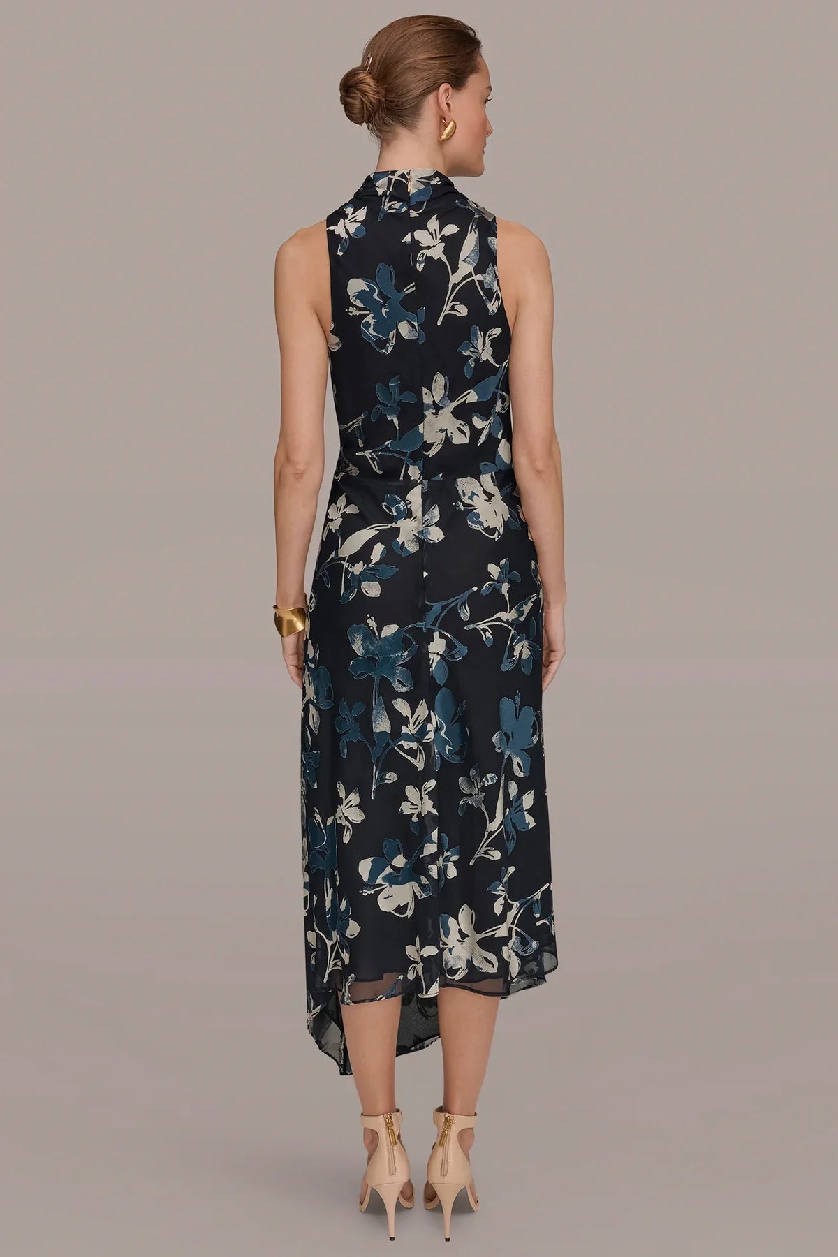 Women Floral Burnout Mock Neck Asymmetric Hem Midi Dress - Image 10