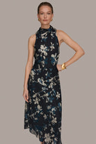 Women Floral Burnout Mock Neck Asymmetric Hem Midi Dress - Image 9