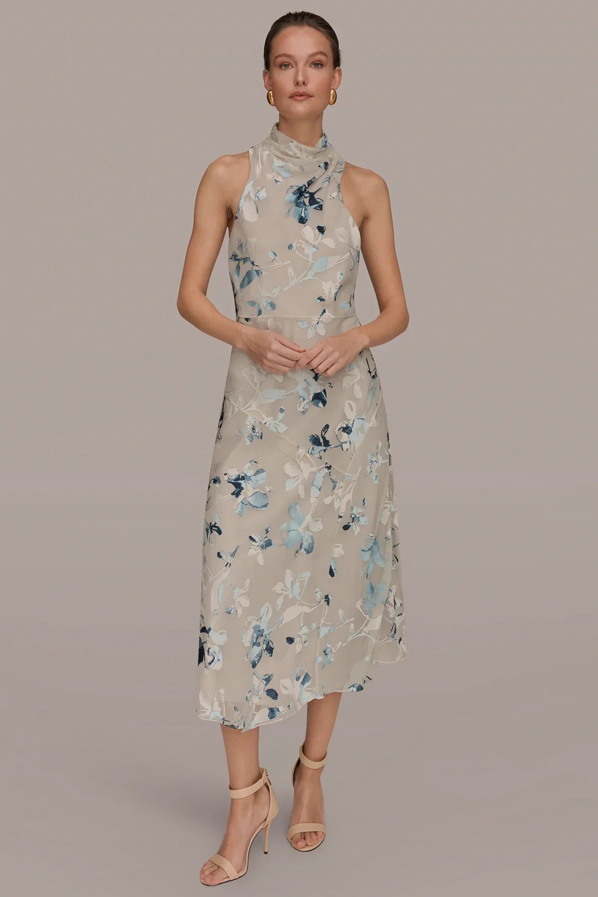 Women Floral Burnout Mock Neck Asymmetric Hem Midi Dress - Image 4