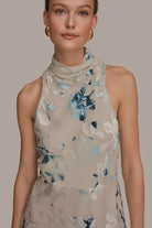 Women Floral Burnout Mock Neck Asymmetric Hem Midi Dress - Image 6