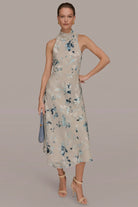 Women Floral Burnout Mock Neck Asymmetric Hem Midi Dress