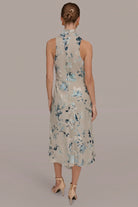 Women Floral Burnout Mock Neck Asymmetric Hem Midi Dress - Image 2