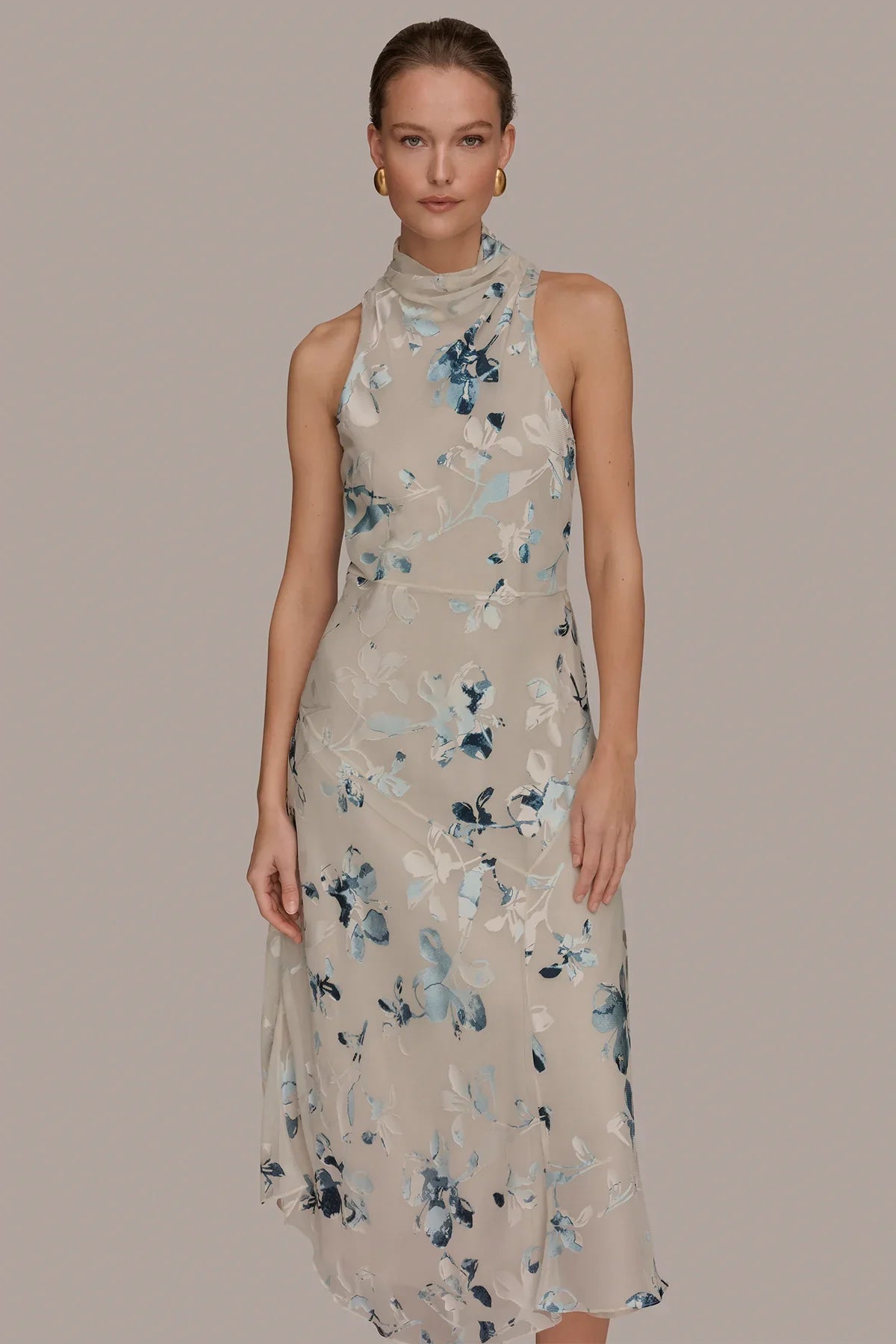 Women Floral Burnout Mock Neck Asymmetric Hem Midi Dress - Image 5
