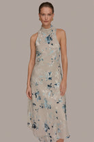 Women Floral Burnout Mock Neck Asymmetric Hem Midi Dress - Image 5