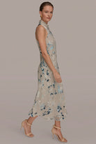 Women Floral Burnout Mock Neck Asymmetric Hem Midi Dress - Image 3