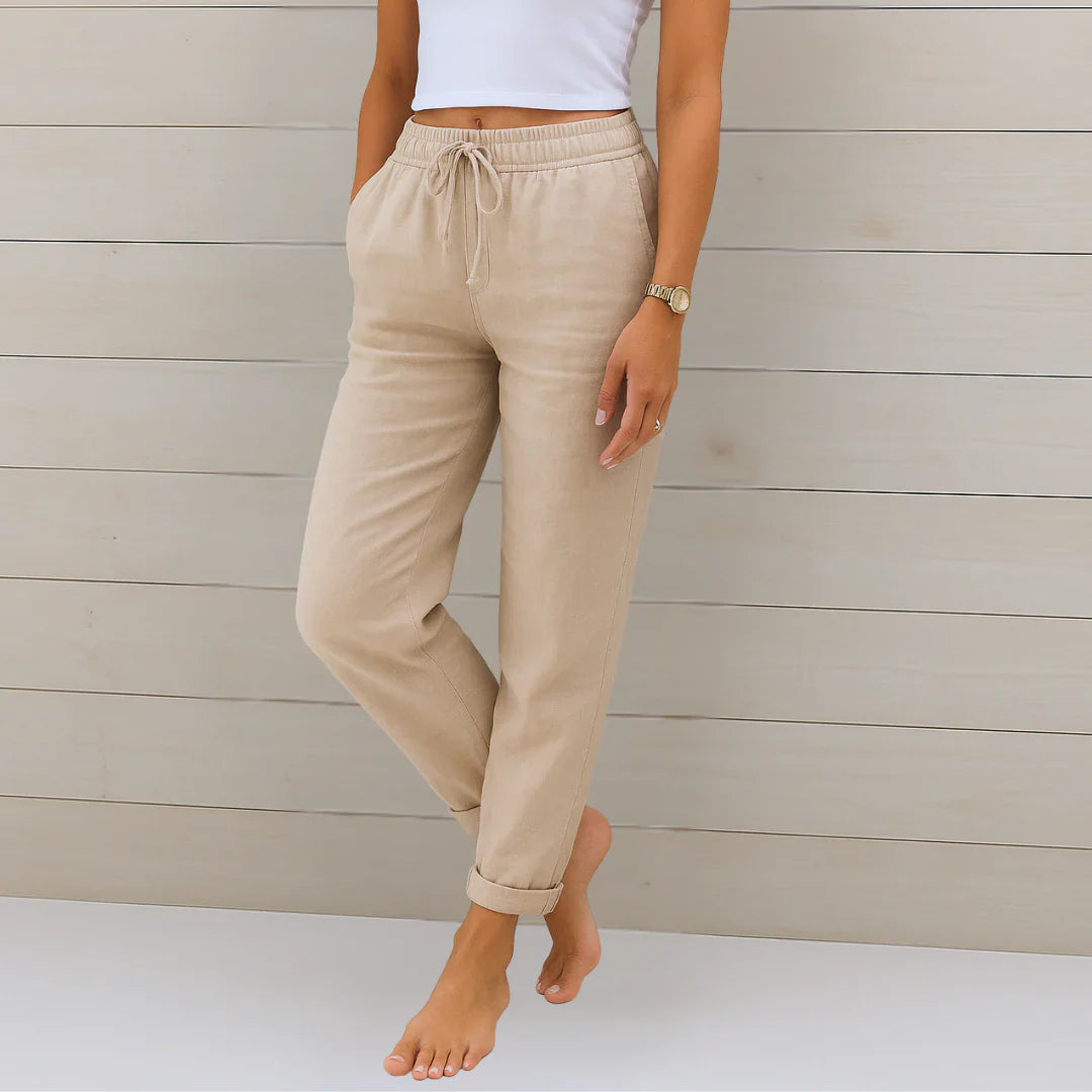 Damen Relaxed Fit Leinenhose Kordelzug elastischer Bund