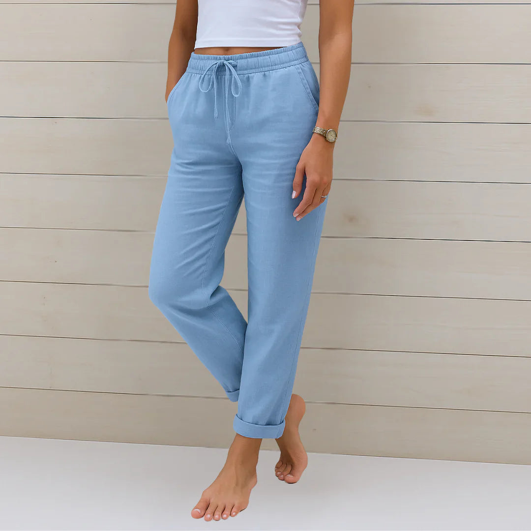 Damen Relaxed Fit Leinenhose Kordelzug elastischer Bund - Image 3
