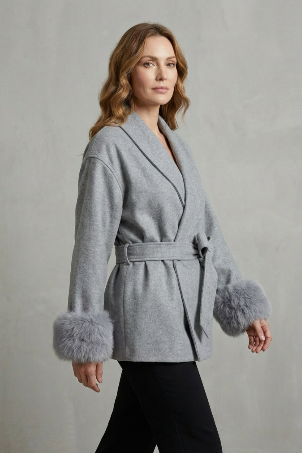 Damen Wollmantel Wickelmantel Kunstfellmanschetten Gürtel - Image 3