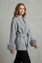 Damen Wollmantel Wickelmantel Kunstfellmanschetten Gürtel - Image 3