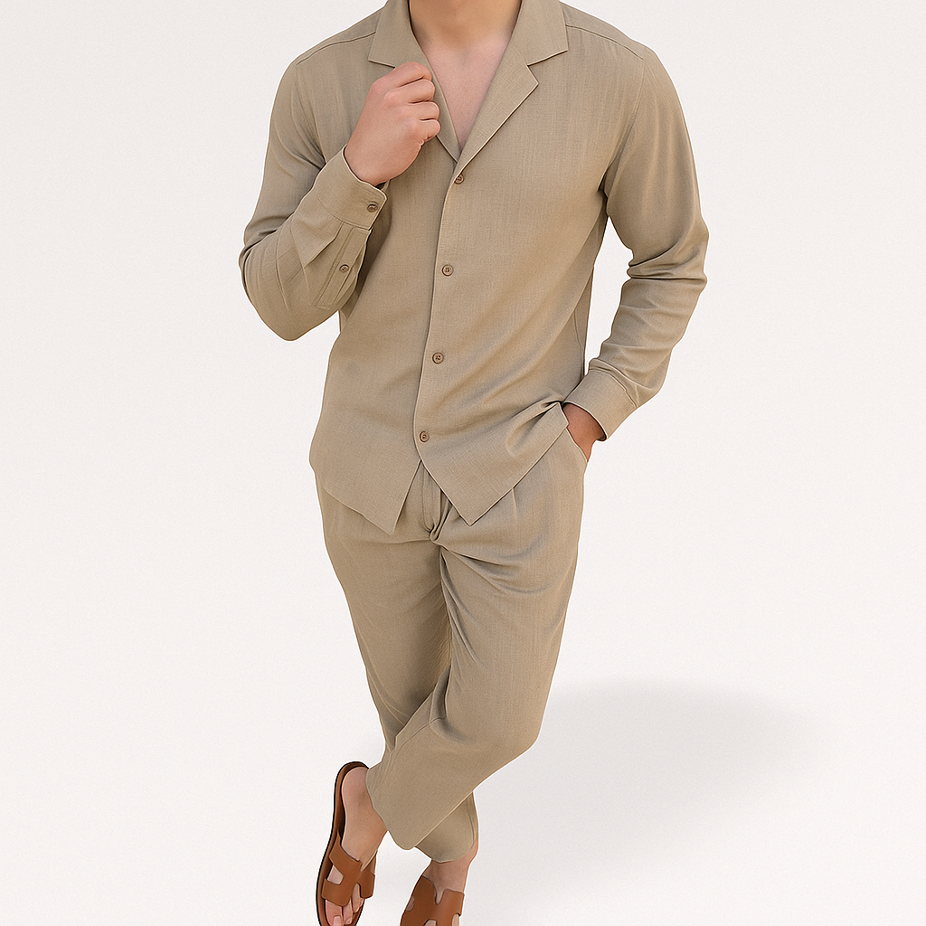 Herren Leinen Set Zweiteiler Hemd Hose Beige - Image 8