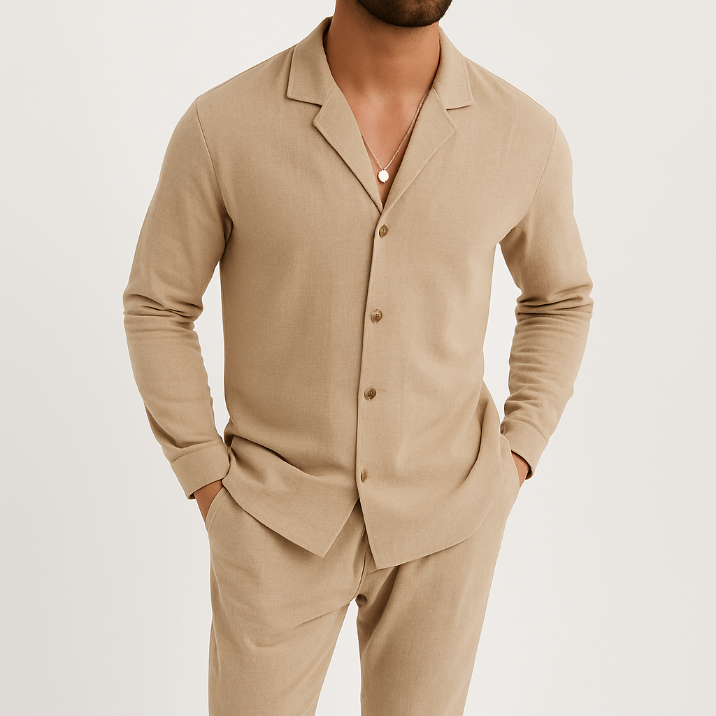 Herren Leinen Set Zweiteiler Hemd Hose Beige - Image 4