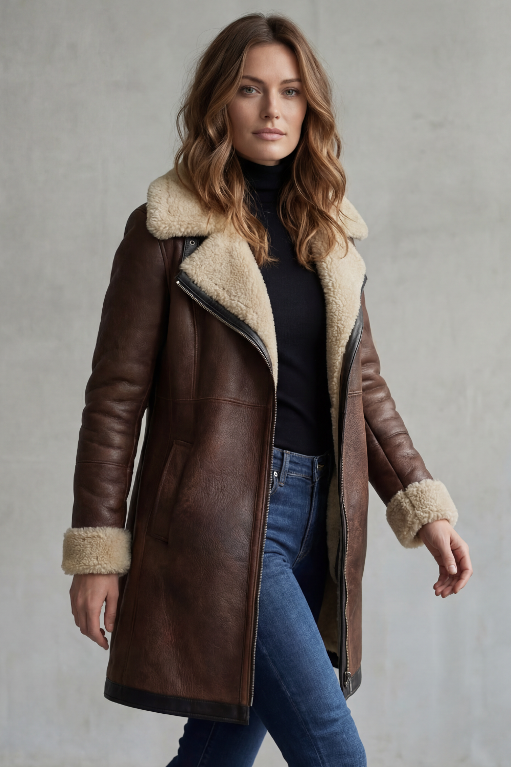 Damen Faux Wildleder Longmantel Shearling-Imitat - Image 3