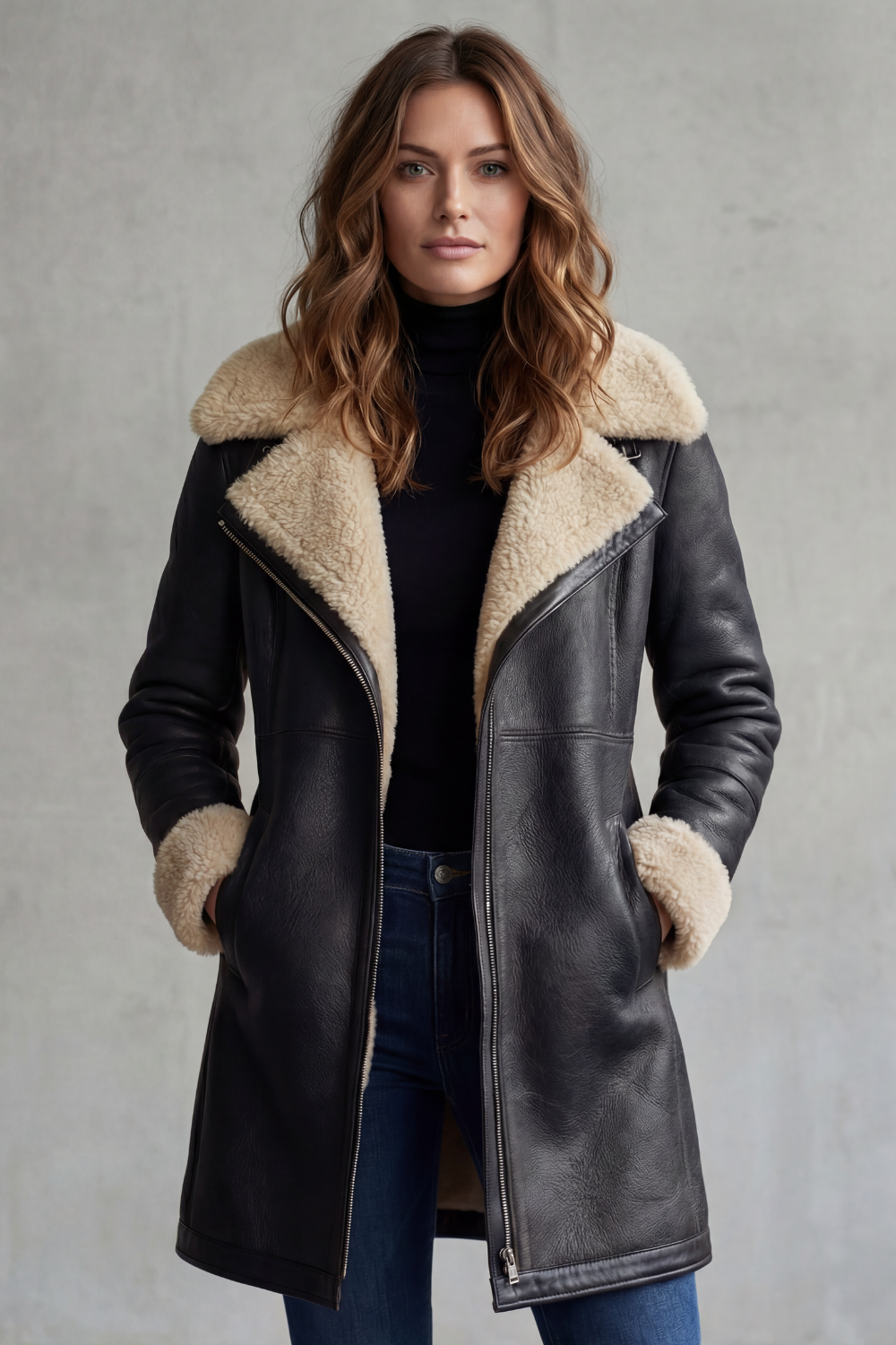 Damen Faux Wildleder Longmantel Shearling-Imitat - Image 6
