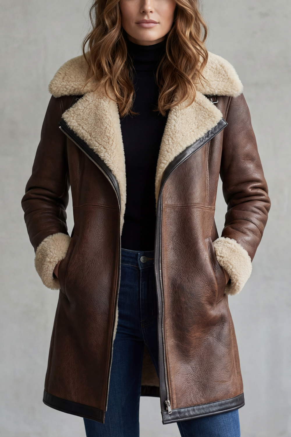 Damen Faux Wildleder Longmantel Shearling-Imitat