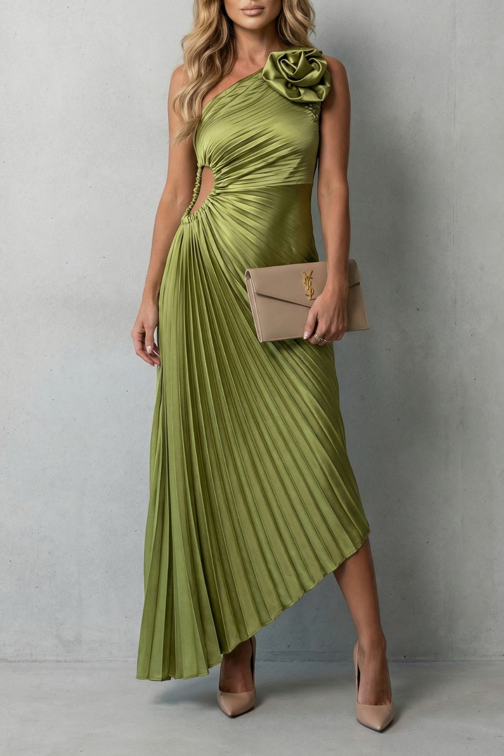 Damen One Shoulder Plissee Maxikleid Blumendetail