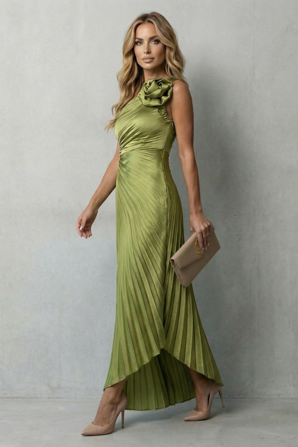 Damen One Shoulder Plissee Maxikleid Blumendetail - Image 3